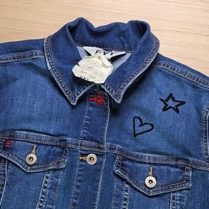 EV1 Denim Jacket Women L Blue Graffiti Graphic Love Smile NEW EV24713C1